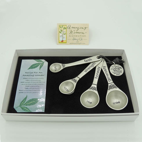 Amazing Woman Measuring Spoon Set, Decorative Kitchen Accessories, 4 Spoons, Engraved Pewter and Silver Enamel