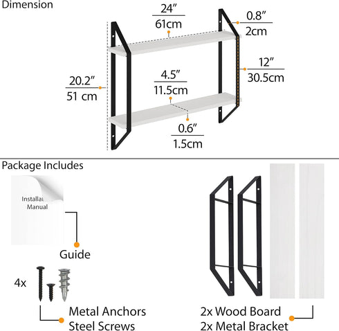 24" 2 Wallniture Ponza Floating Shelves for Living Room Decor, Bookshelf Wall Decor, Tier Bathroom Organizer & Kitchen
