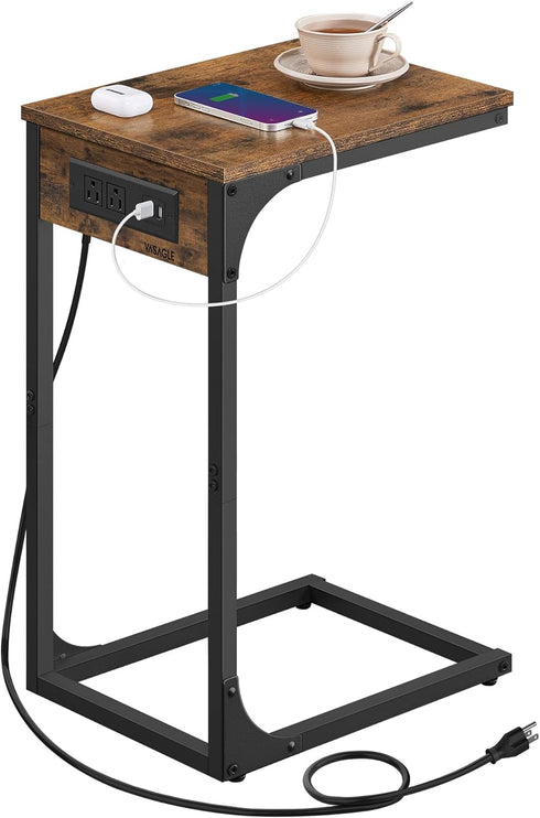 VASAGLE C-Shaped Side Table, End Table with Charging Station, C Table for