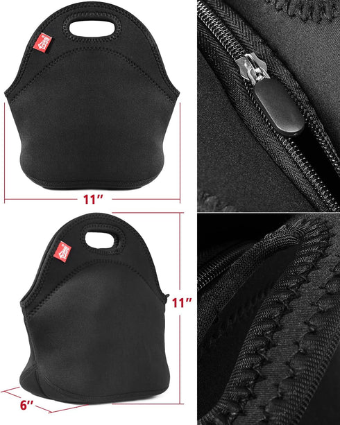 yookee home Black Insulated Lunch Bag, Thick Reusable Thermal Lunch Tote, Small Neoprene Lunchbags with Zipper