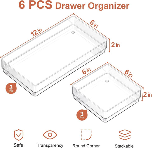 SMARTAKE 6 PCS Clear Plastic Drawer Organizers Set, Large Size Non-Slip Desk Drawer Organizer, 2-Size Versatile Bathroom and Vanity Drawer Organizer Trays for Makeup, Bedroom, Office, Kitchen Utensils by SMARTAKE