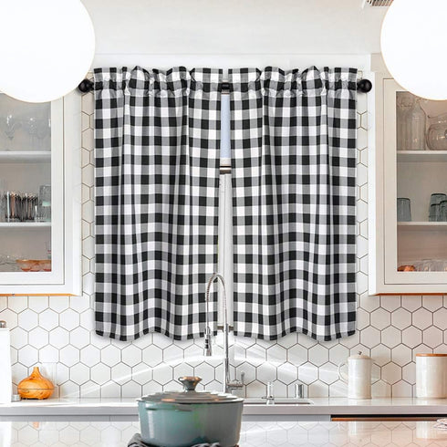 SEEYE Farmhouse Kitchen Curtains - Buffalo Plaid Tiers for Windows, Light Filtering, 27” W x 24” H, 2 Pcs, Black