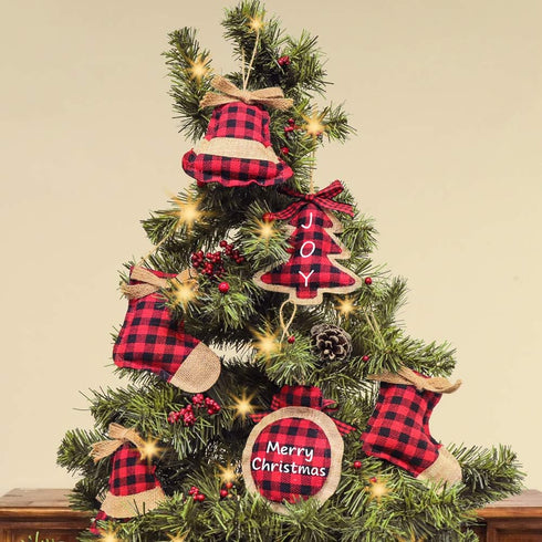Ivenf Christmas Decorations Indoor Tree Ornaments - 8pcs Red Black Buffalo Plaid Burlap Farmhouse Ornaments for Home