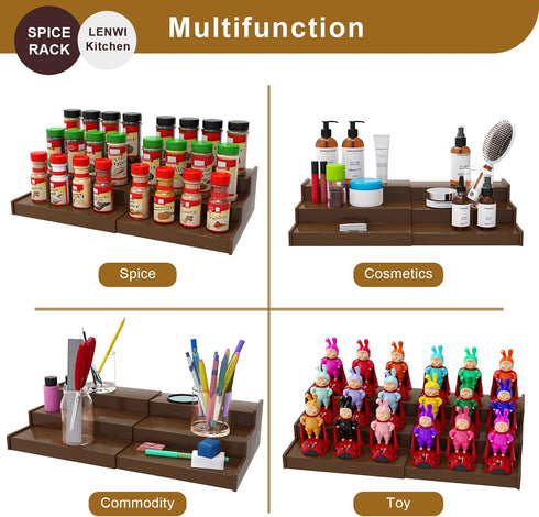 Spice Rack Organizer for Cabinet 2 Pack - 3 Tier Expandable Bamboo Spice Storage for Kitchen Cabinet, Pantry (Brown)