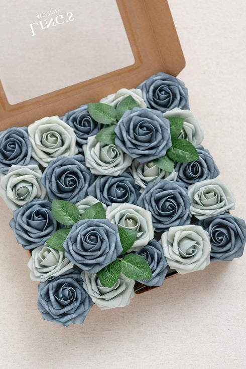 Ling's Moment 50Pcs Artificial Flowers, Dusty Blue & Navy Roses with Stems for Wedding Bouquets & Decor