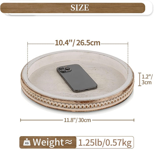 Counter Hanobe Round Wooden Decorative Tray: White Washed Bead Tray Decor for Coffee Table Centerpiece Rustic Farmhouse