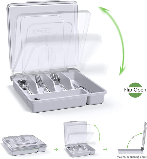 Silverware Tray with Lid, Utensil Drawer Organizer for Kitchen Countertop, 5 Compartments Plastic Flatware Holder