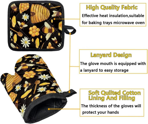 GIFTPUZZ Bee Oven Mitt Pot Holder Set of 2, Heat Resistant Heavy Duty Gloves + Thick Hot Mats for Kitchen