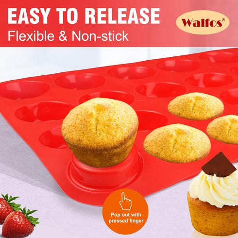 Walfos Mini Silicone Muffin Pan - 24 Cups, Non-stick Baking Pan, BPA Free and Dishwasher Safe
