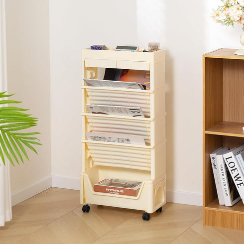 5 AGTEK Tier Rolling Utility Cart, Book Cart with Wheels, Office Book Carts with Divided Top Shelf for Organizing Books