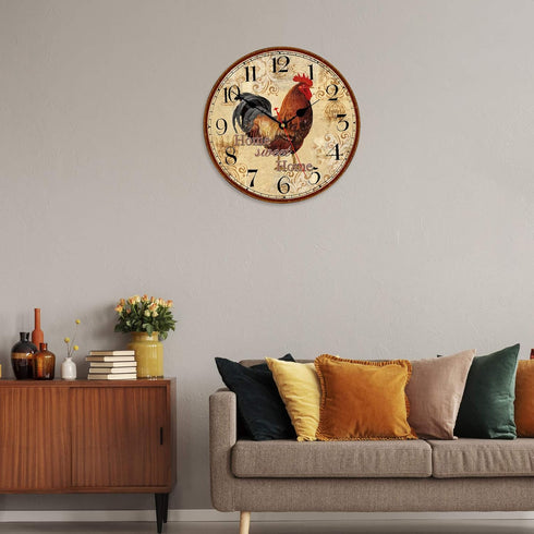 TAHEAT 14 Inch Rustic Rooster Wall Clock, Retro Silent Non-Ticking Decorative Clock for Kitchen/Living Room