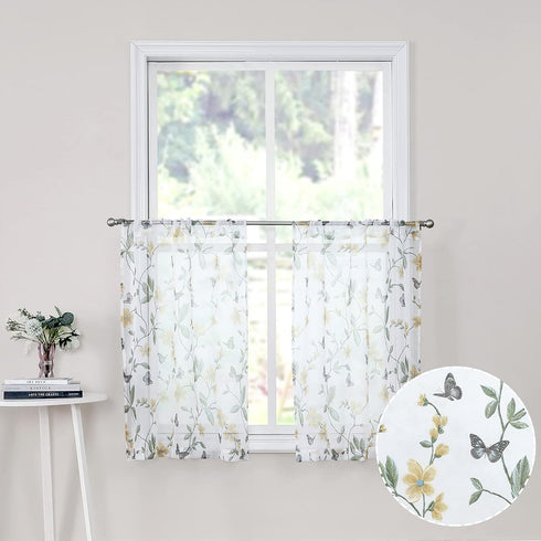 Tollpiz Short Sheer Floral Tier Curtains, Yellow Flower Butterfly Printed Kitchen Voile Curtains, Set of 2 Panels