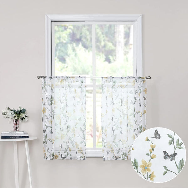 Tollpiz Short Sheer Floral Tier Curtains, Yellow Flower Butterfly Printed Kitchen Voile Curtains, Set of 2 Panels