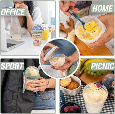 4 Pack 20 oz (4 Set 20 oz) On The Go Cereal Yogurt Cups with Lids and Spoon, Reusable Parfait Plastic Milk Breakfast