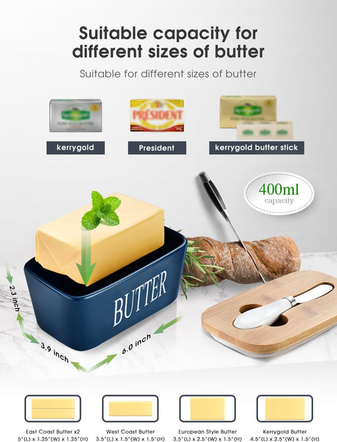 Countertop Butter Dish with Lid, Home Decor, Large Butter Dish for Ceramic Butter Keeper Container with Knife and High