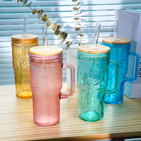 Set 4, 24oz ANOTION Colored Glass Cups with Handle of Glass Cups with Lids and Straws Travel Coffee Mug Bamboo Mason