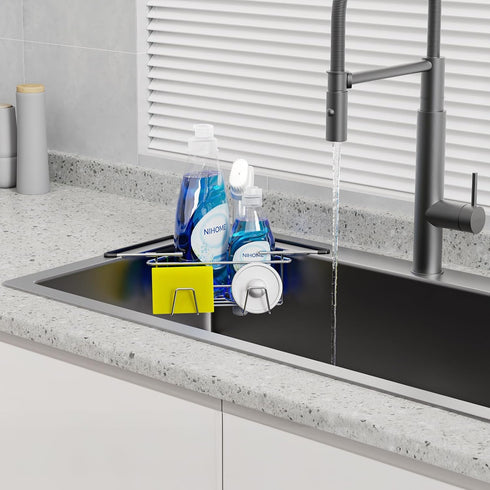 NiHome Extendable Arm Stainless Steel Kitchen Sink Corner Caddy, Easy Install Space-Saving Adjustable Sponge Holder