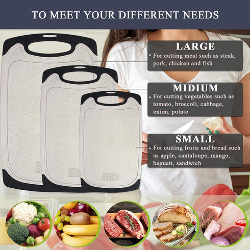 Plastic Chopping Board Set of 3 with Non-Slip Feet, Juice Grooves, Easy Grip Handle, BPA Free
