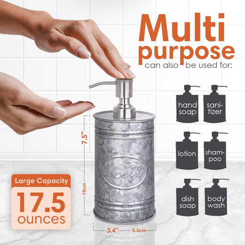 Autumn Alley Galvanized Farmhouse Soap Dispenser, Rustic Kitchen & Bathroom Accessories, 17.5 oz, Grey