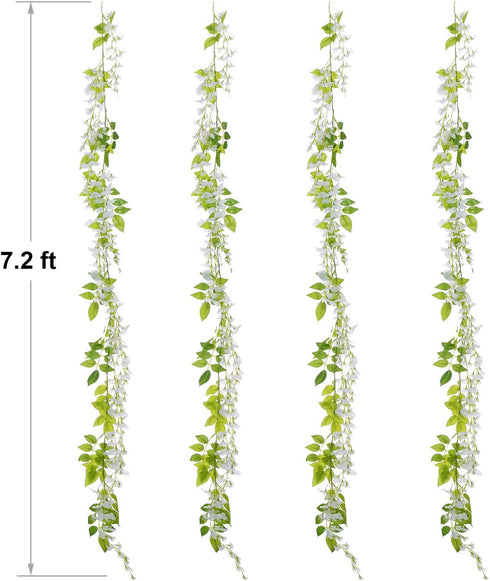 Lvydec Wisteria Artificial Flowers Garland, 4Pcs Total 28.8ft White Silk Hanging Flower for Home Garden