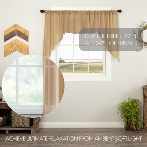VHC Brands Tobacco Cloth Fringed Farmhouse Decor Kitchen Swag Prairie Panels Door Window Tier Set Curtains, Khaki,