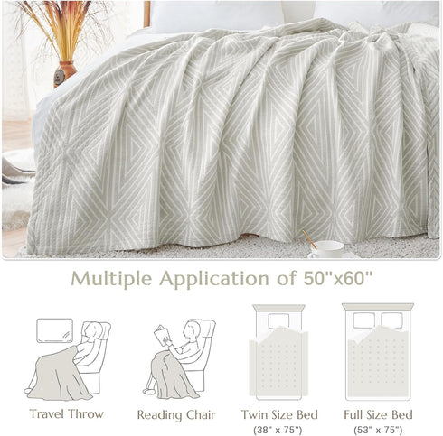 jinchan 100% 50x60 Inches 3-Layer Boho Cotton Blanket Muslin Lightweight Geometric Triangle Striped Pattern Reversible
