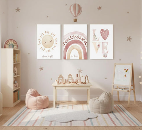 3 Pcs Nursery Canvas Wall Art Pink Sun Rainbow Hearts Posters Prints Boho Kids Room Pictures Wall Decor for Toddlers