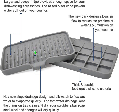 Large Silicone Sponge Holder - Multi-Purpose Self Draining Dish Soap Tray for Kitchen Sink, Waterproof Caddy Organizer