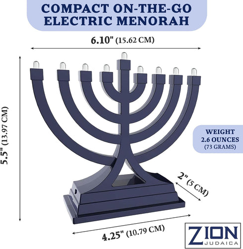 Zion Judaica Mini LED Hanukkah Menorah, Battery or USB Operated, Blue, Multiple Light Settings for Chanukah