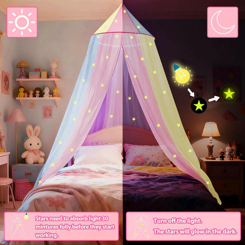SYHITOU Rainbow Bed Canopy for Girls with Glowing Stars, Colorful Princess Canopy Bed Curtains for Twin, Full