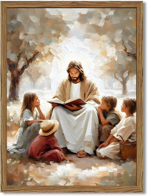 Hwetui Framed Jesus With Children Wall Art, 3D Textured Christian Jesus Teaching Kids