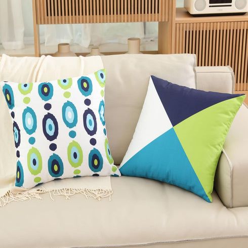 Decorative Green Blue Abstract Throw Pillow Covers 16x16 Inch, Set of 4 Geometric Cotton Linen Cushion Covers