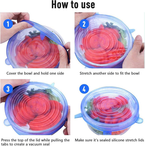 JIGUOOR 6 Pack Silicone Stretch Lids, Reusable Food Storage Covers, 6 Sizes, Microwave Safe, Easy Clean