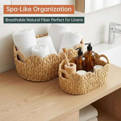 Set 2,Water Coeusy Scalloped Basket of Hyacinth Basket for Organizing and Decor,Hand-Woven Wicker Storage Baskets