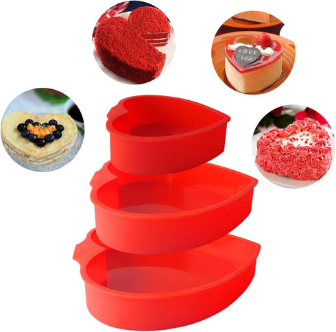 3 Pcs Silicone Cake Molds, Heart Shaped Cake Pans for Baking Homemade Dining, 8 In, 6 In, 4 In