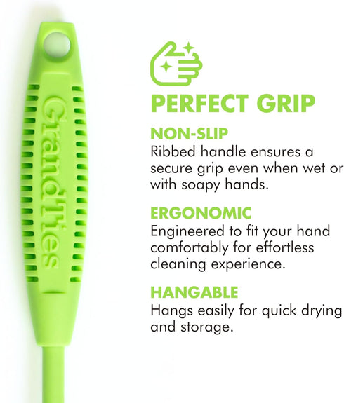 GrandTies Silicone Bottle Cleaning Brush Set: Extra Long Brush for Narrow Neck Bottles, Cups, and Mugs (Fresh Mint)