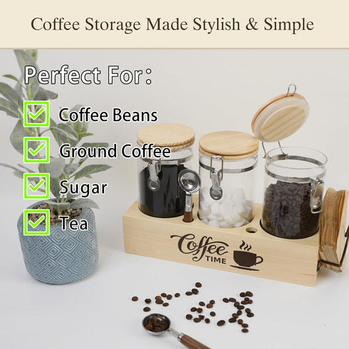 Set 3 Glass Coffee Canister with Shelf & Spoons - Piece Airtight Seal Coffee Bean Storage Containers & Filter Holder