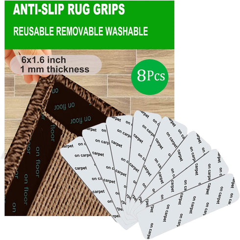 Rug Tape 8 Pcs Non Slip Carpet Gripper for Hardwood Floors, Washable Black Rug Stoppers to Prevent Sliding