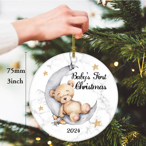Baby's First Christmas 2025 Boy Bear on The Moon Ornament, Christmas Wedding Decoration, Newlywed 2025 (Yellow and