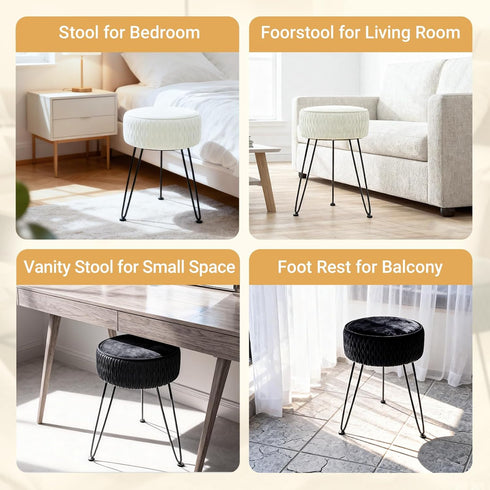 Velvet Vanity Stool Footrests, Round Ottoman Vanity Chairs with Anti-Slip Feet, Dressing Table Seat Foot Stool
