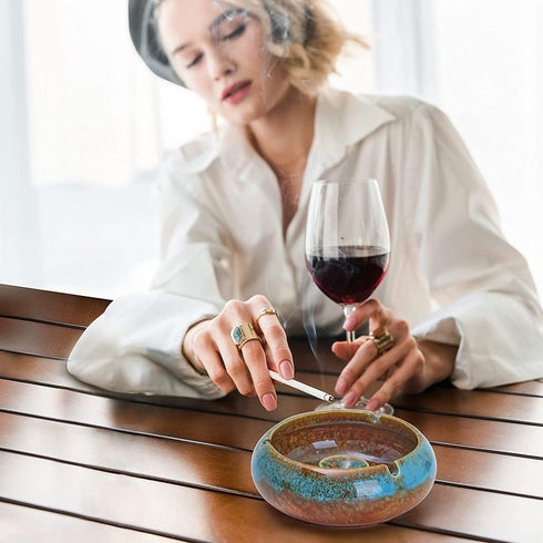 RONXS Outdoor Ashtray with Lid | Windproof Handmade Ceramic Ashtray for Patio, Home Office Indoor Decoration