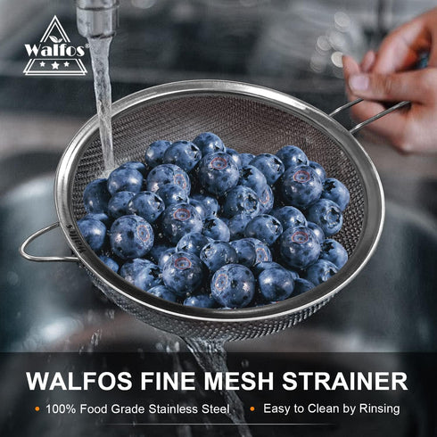 Walfos Fine Mesh Strainers Set, Premium Stainless Steel Colanders and Sifters with Reinforced Frame, Perfect for