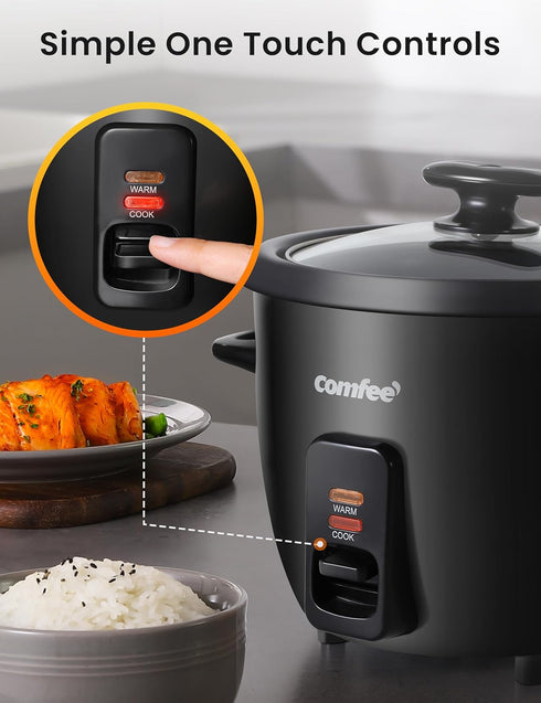 COMFEE' Rice Cooker, 6-Cup Cooked/3-Cup Uncooked, Black, Removable Non-Stick Bowl, One Touch for Soups, Stews, Grains