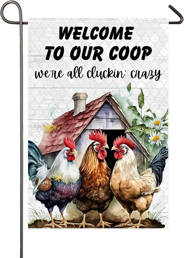 Welcome To Our Coop Chicken Garden Flag, 12x18 Inch Double Sided Rustic Rooster Yard Flag