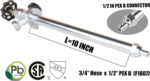 10 Inch 1/2 Inch 3/4 Inch WHK Frost Anti-Siphon Sillcock PEX B X Hose Bibb,Frost Proof Outdoor Faucet Bib with Vacuum