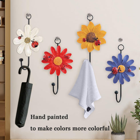 Notakia Creative Daisy Resin Wall Hooks, Hand-Painted Flower Iron Hook, Set of 4 Home Decoration