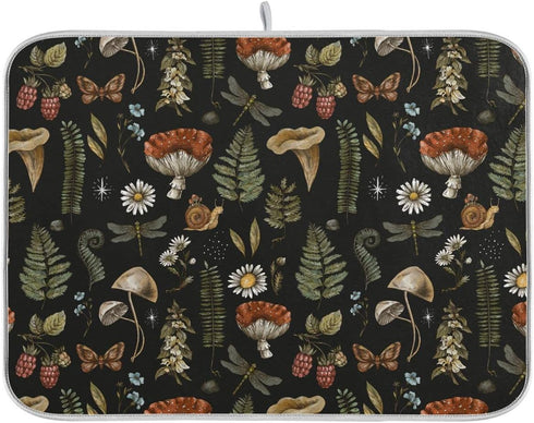 Vintage Botanical Mushroom Fern Leaves Berry Dish Drying Mat, Super Absorbent Microfiber Kitchen Countertop Protector