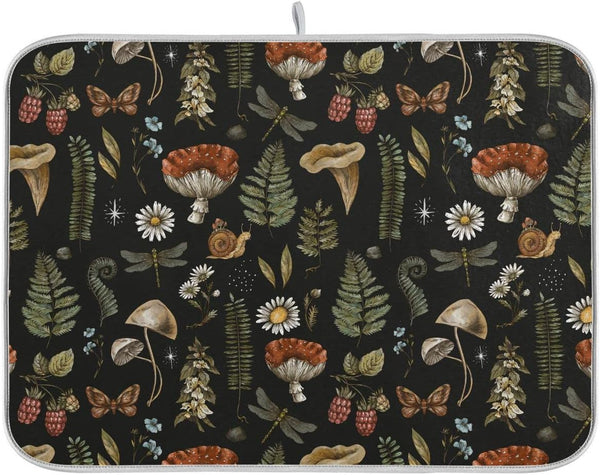 Vintage Botanical Mushroom Fern Leaves Berry Dish Drying Mat, Super Absorbent Microfiber Kitchen Countertop Protector