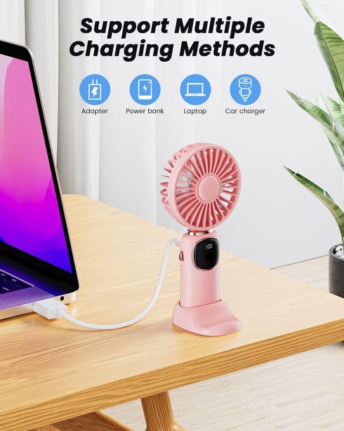 Portable Handheld Fan, 4000mAh Battery Operated Fan, 3 in 1 Personal Small Fan with LED Display, 5 Speed