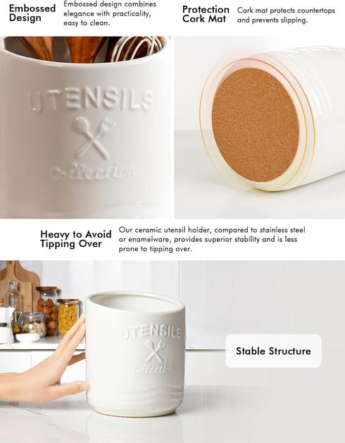 AISBUGUR Large Ceramic Utensil Holder, 7.5" H×6.3" W with Slanted Mouth, Non-Slip Cork Base for Kitchen Counter